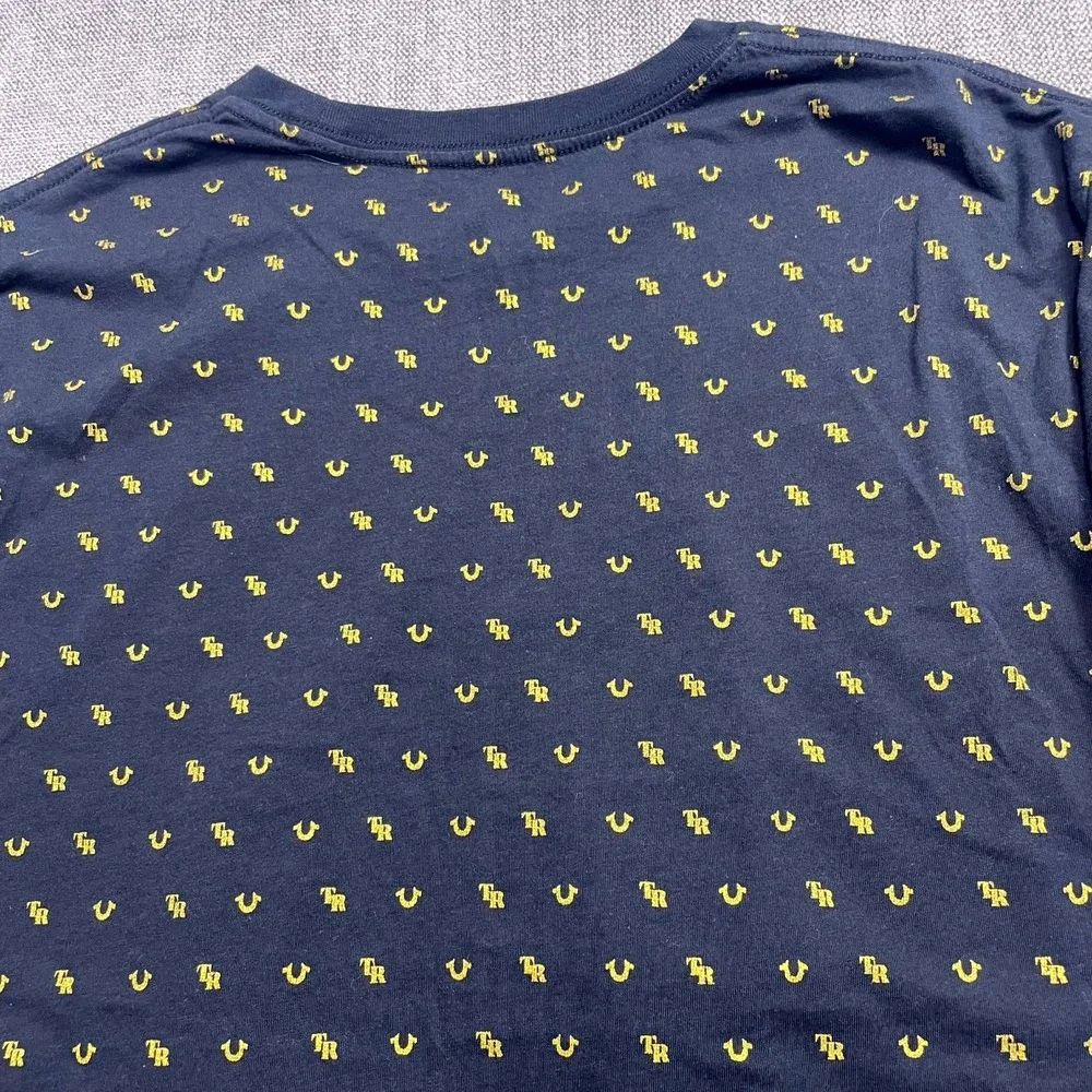 True Religion T Shirt Mens L Navy Blue Allover Monogram Short Sleeve Crew Neck
